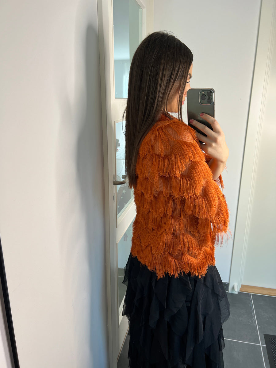Malou bluse med flæser orange – Mooma